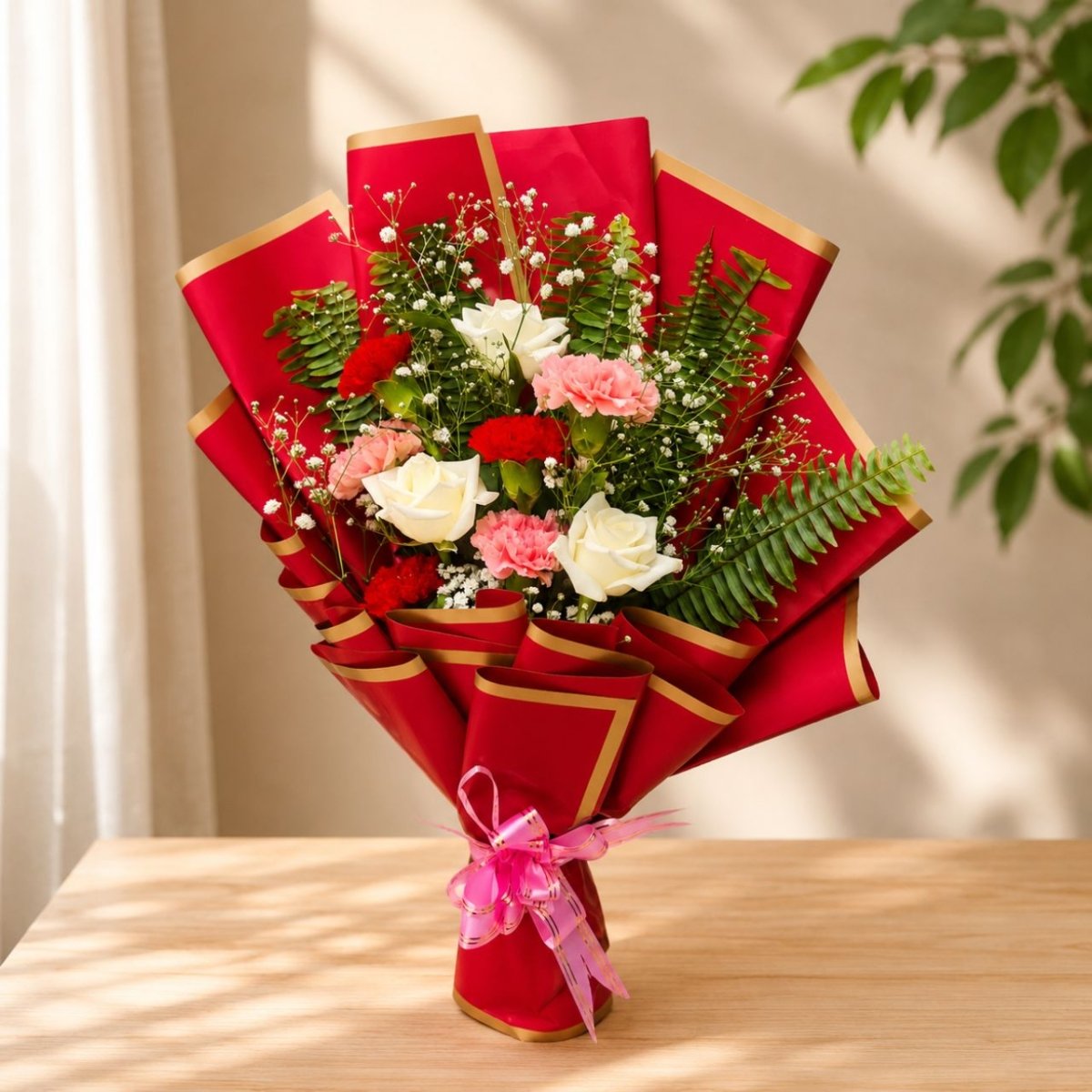 White Rose & Mixed Carnation Bouquet - Flowers to Nepal - FTN