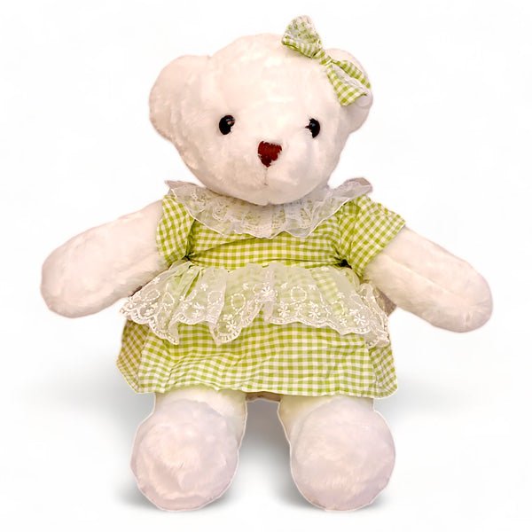 White Teddy With Green Frock Dress 20" - Flowers to Nepal - FTN