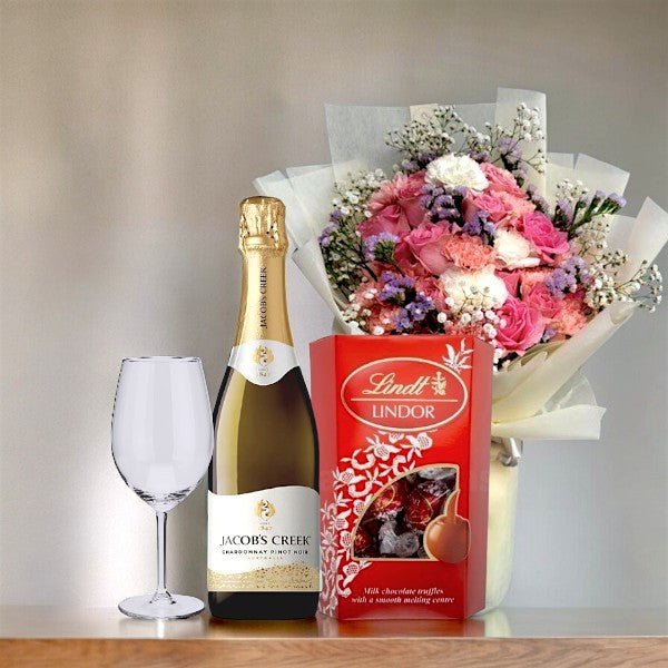 Wine Combo (Sparkling White Wine, Roses Bouquet and Lindt Lindor) - Flowers to Nepal - FTN