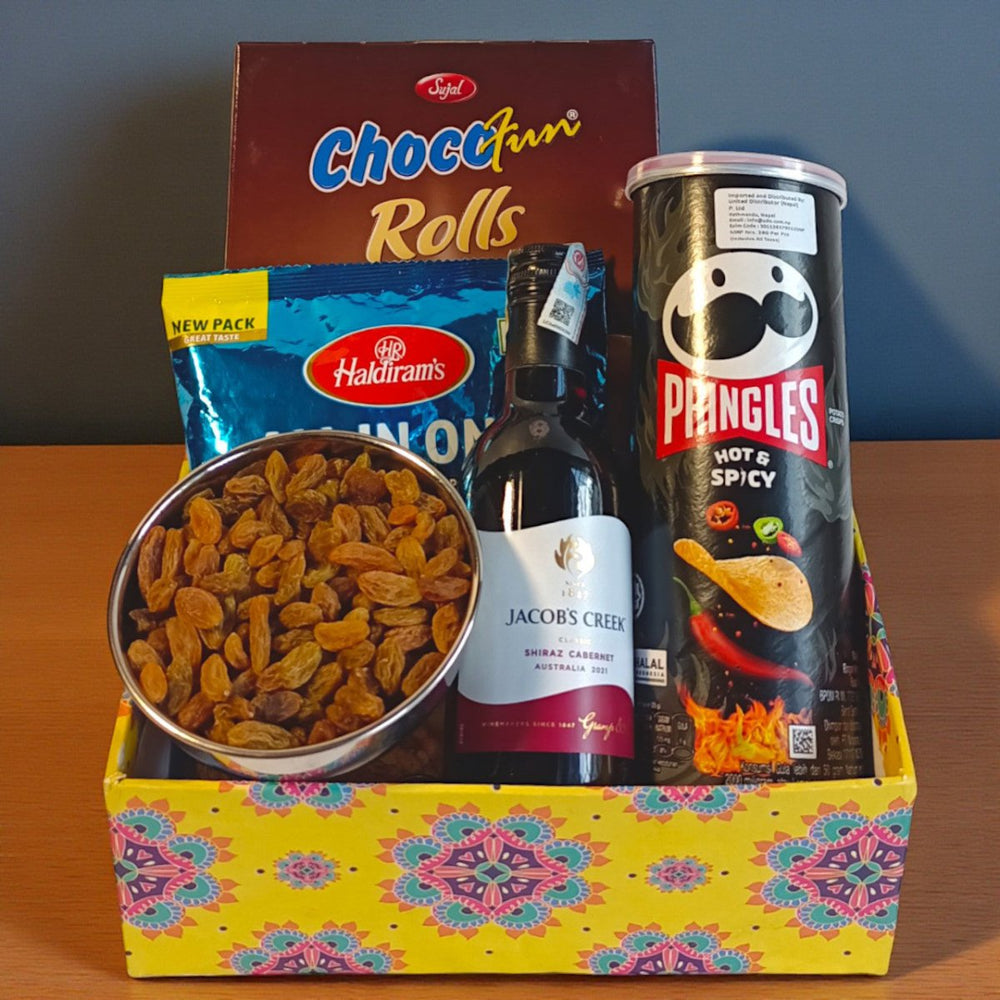 Wine, Dry Fruits & Snacks Box - Flowers to Nepal - FTN