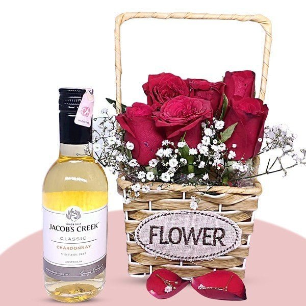 Wine & Rose Gift Basket for Her - Flowers to Nepal - FTN