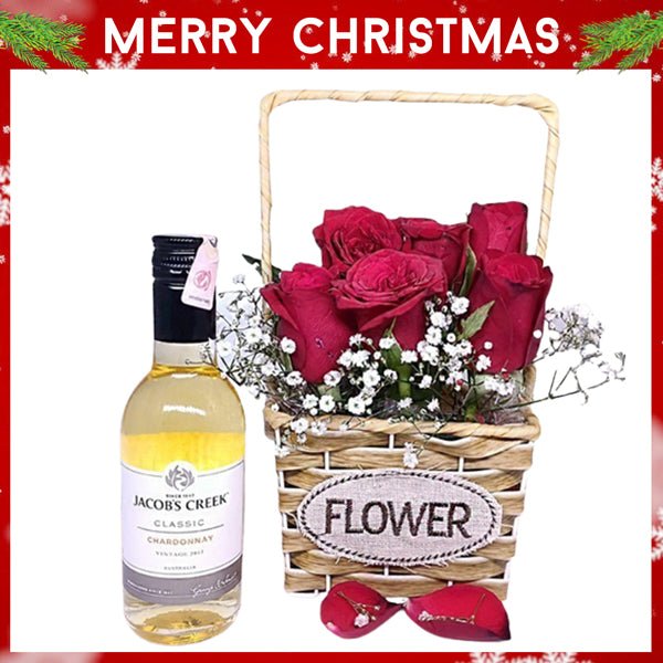 Wine & Rose Gift Basket for Her - Flowers to Nepal - FTN