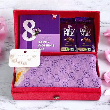 Women’s Day Charm: Chocolates, Scarf & Ear Studs - Flowers to Nepal - FTN