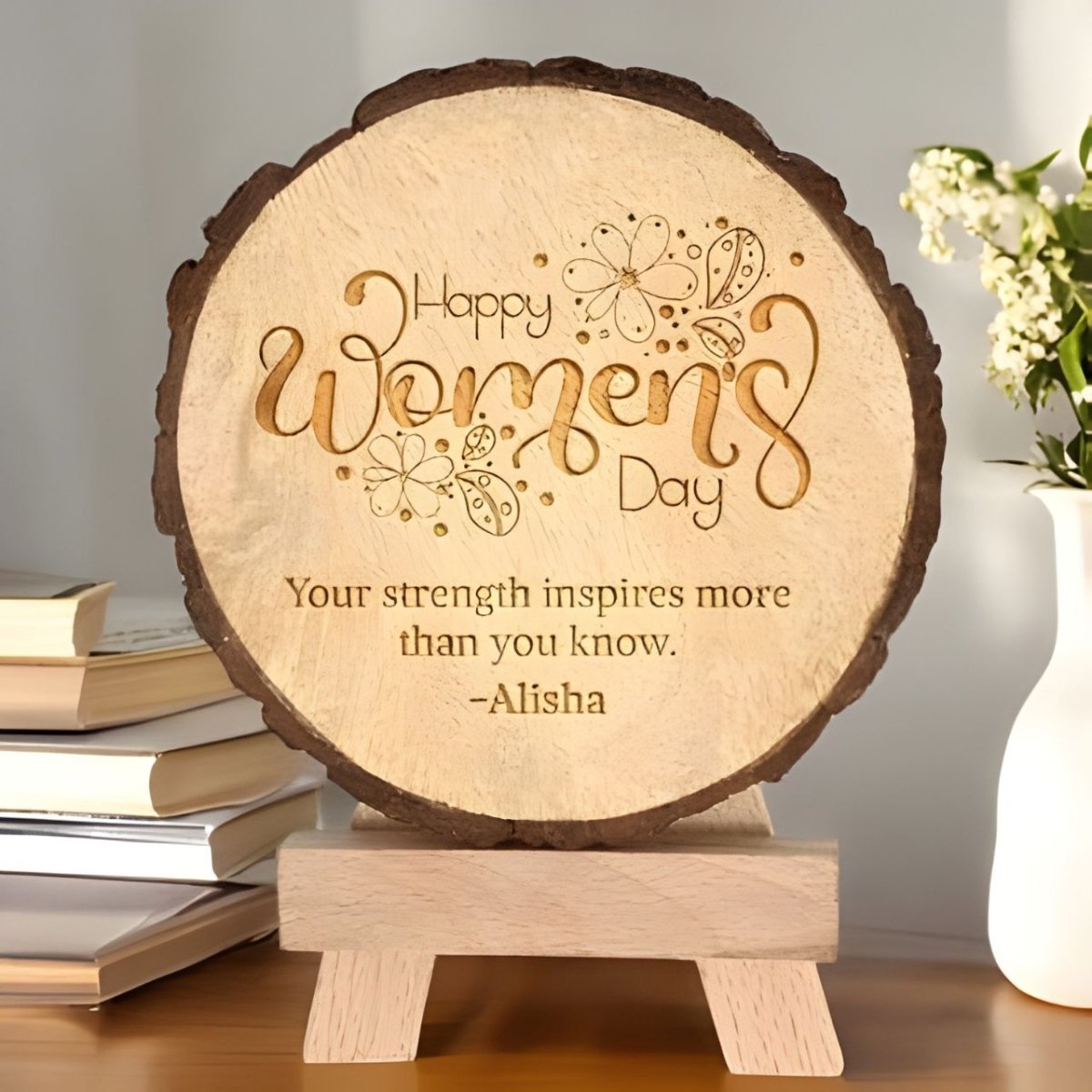 Women’s Day Engraved Wooden Log with Name & Inspiring Massage - Flowers to Nepal - FTN