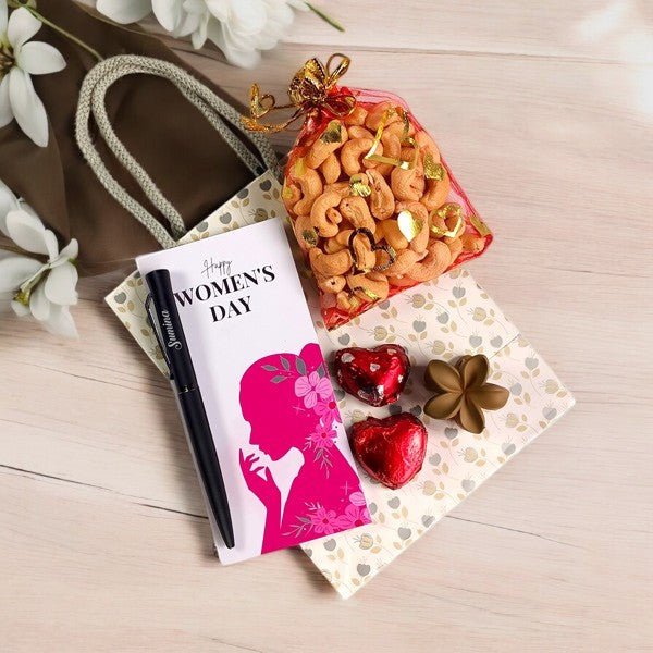 Women's Day Hamper with Cashews, Hair Clip & Custom Pen - Flowers to Nepal - FTN