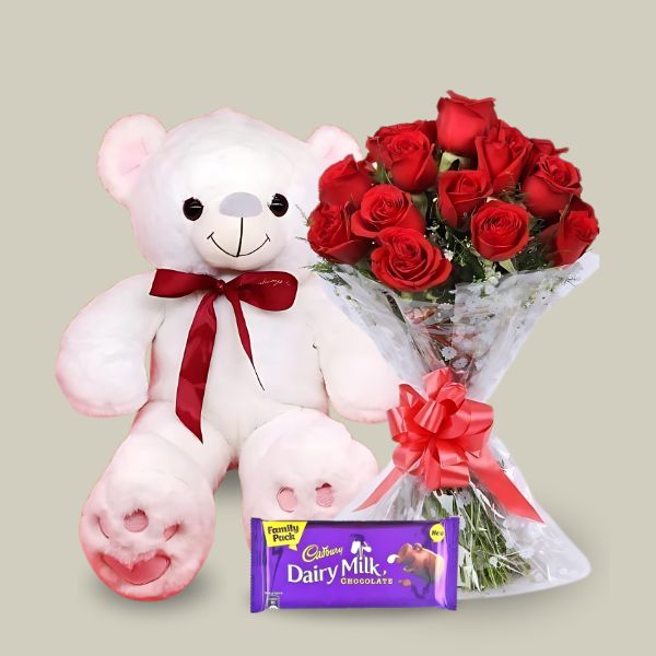 Women's Day Special Delight Combo ( Roses Bunch + Teddy with Crown and Dairymilk 123g ) - Flowers to Nepal - FTN