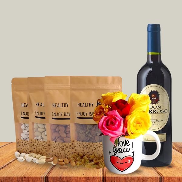 Women's Day Treats ( Red Wine 750ml + Dry Nuts and Roses in a Mug ) - Flowers to Nepal - FTN