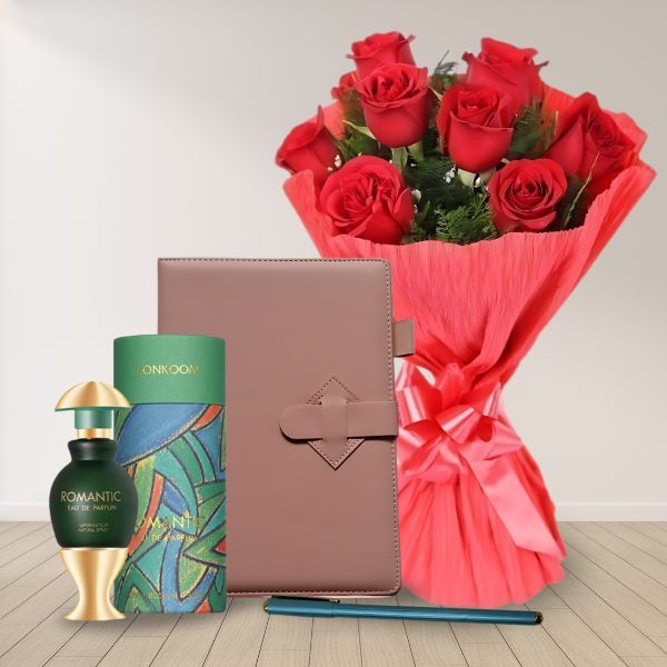 Women's Day Trio ( Red Roses Bunch, Romantic Perfume 40 ml, Diary and Pen ) - Flowers to Nepal - FTN