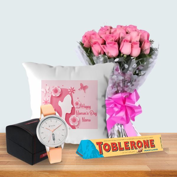 Women's Essence ( Pink Roses Bunch, Women's Day Cushion, Titan Watch and Toblerone 100g ) - Flowers to Nepal - FTN