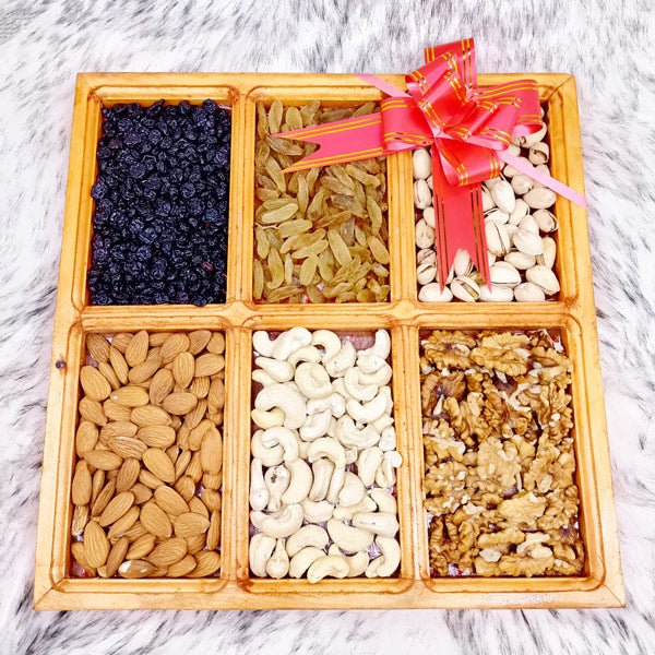 Wood Tray Filled with Dry Fruits & Nuts Hamper - Flowers to Nepal - FTN