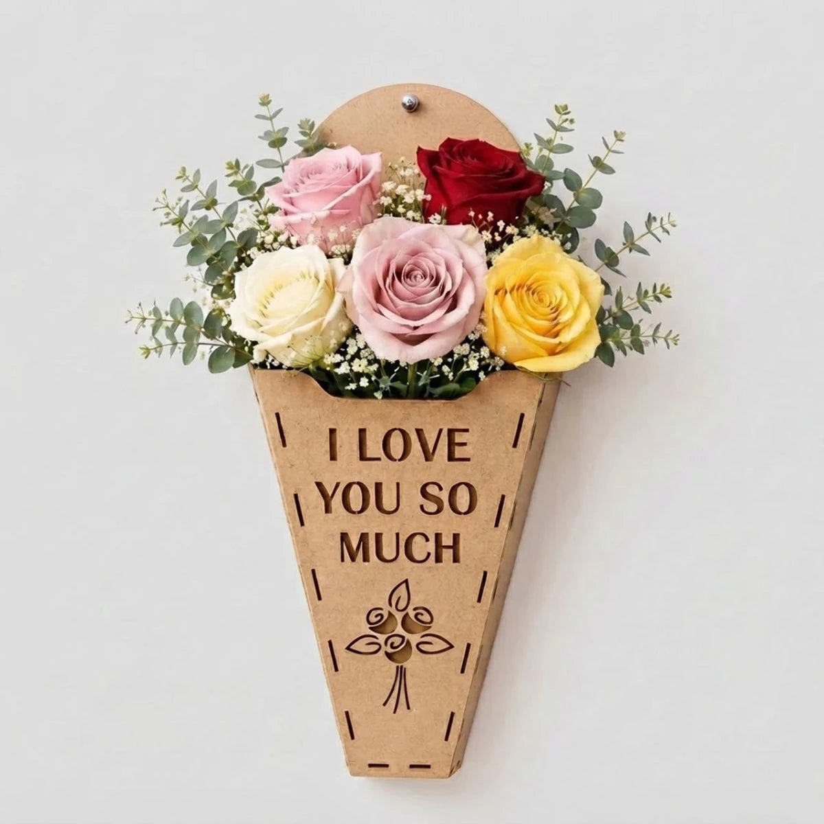 Wooden Flower Holder with 5 Fresh Roses - Flowers to Nepal - FTN