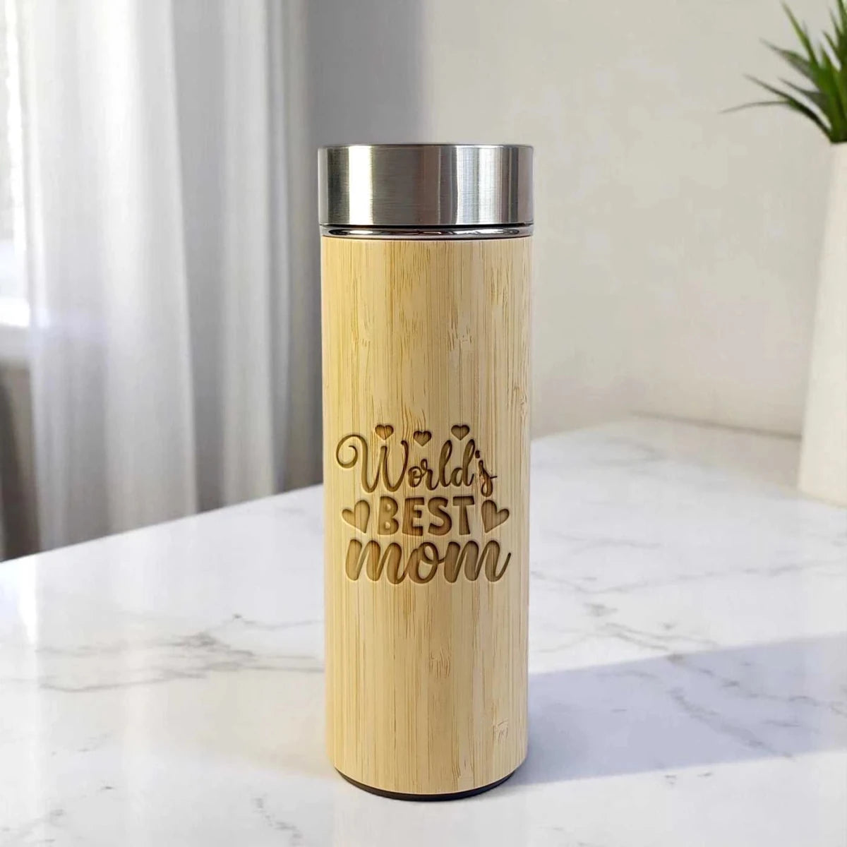 World’s Best Mom Engraved Bamboo Water Bottle - Flowers to Nepal - FTN