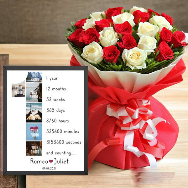 1 Year Memories Personalised Photo Frame With Mix Rose Bunch - Flowers to Nepal - FTN