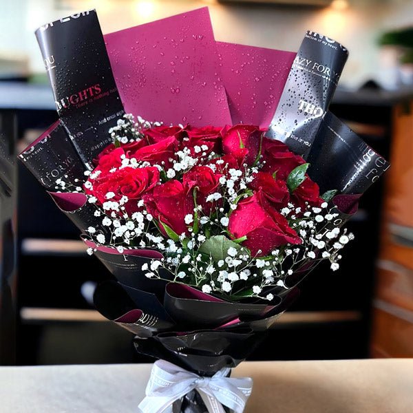 12 Red Roses Black Wrap Bouquet - Flowers to Nepal - FTN