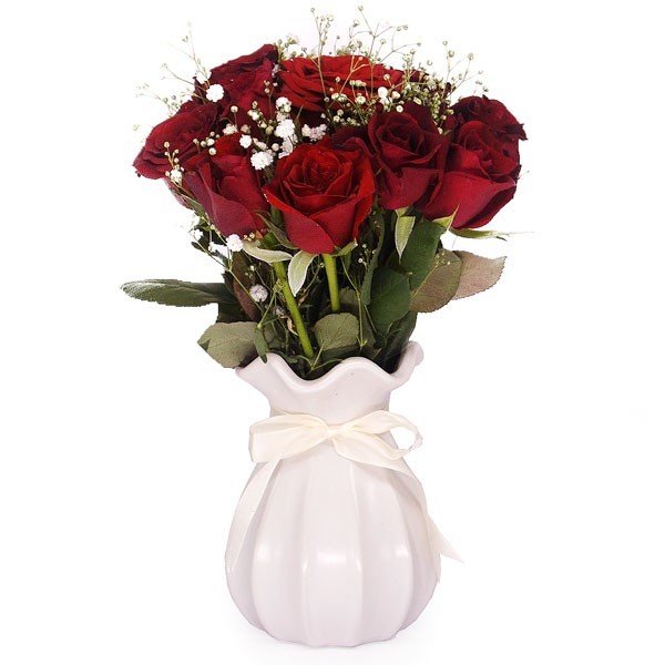 12 Red Roses Bunch In White Ceramic Vase - Flowers to Nepal - FTN