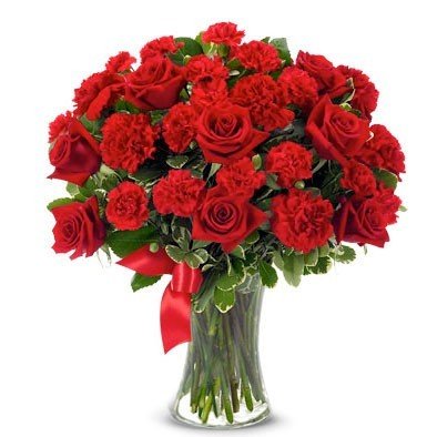 15 Red Carnations & 10 Red Roses Arranged in Vase - Flowers to Nepal - FTN