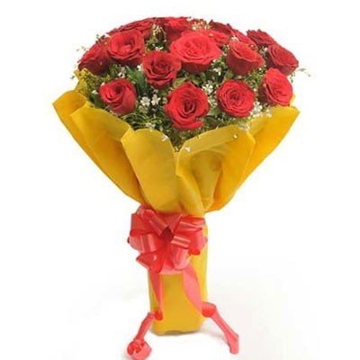 18 Red Roses Bouquet in Yellow Wrapper - Flowers to Nepal - FTN