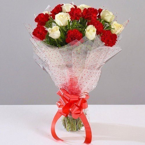 20 White Rose And Red Carnation Bouquet - Flowers to Nepal - FTN