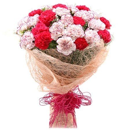 25 Fresh Red And Mix Carnations Bunch Jute Wrap - Flowers to Nepal - FTN