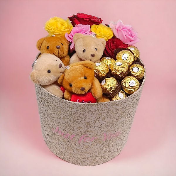 4 Cute Mini Teddy Bear, Ferrero & Mix Flowers - Flowers to Nepal - FTN
