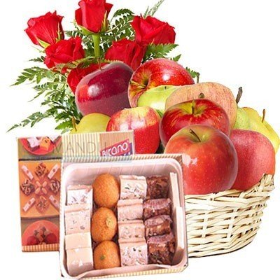 Assorted Mithai Box With Fresh Fruit Basket And Flowers - Flowers to Nepal - FTN