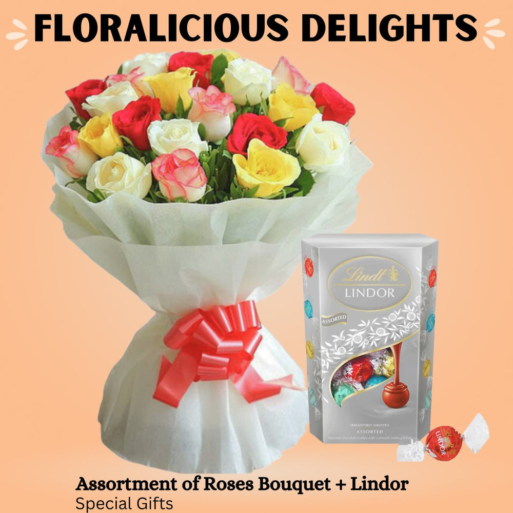 
                  
                    Assortment Of 20 Roses Bouquet, Lindt Lindor Truffles 200g Special Gift - Flowers to Nepal - FTN
                  
                