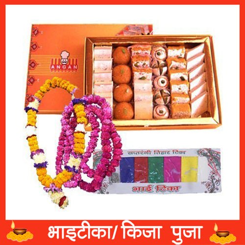 Assortment of Mithai 1kg, Mala Set And Saptarangi Color Bhaitika - Flowers to Nepal - FTN