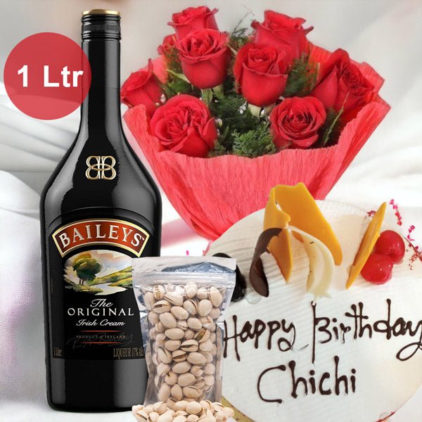 Baileys Liquor With Pineapple Cake & Healthy Dry Nuts - Flowers to Nepal - FTN