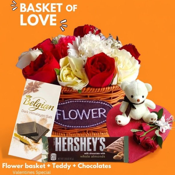 Basket of Love with Chocolates, Flowers & Teddy - Flowers to Nepal - FTN