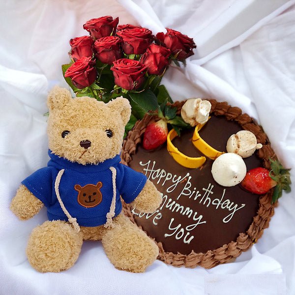 Beautiful Design Chocolate Cake With Bunch Of Roses & Teddy Bear - Flowers to Nepal - FTN