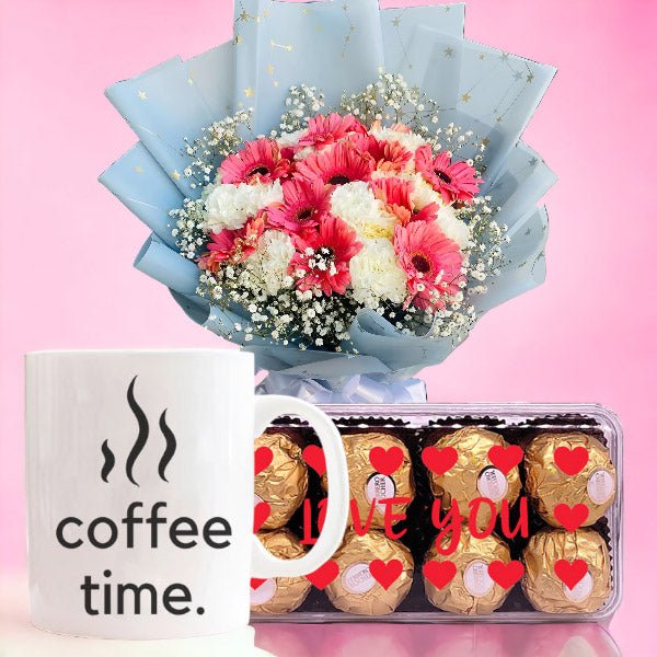 Beautiful Mix Flowers Bouquet With Personalized Mug & Ferrero Gift - Flowers to Nepal - FTN