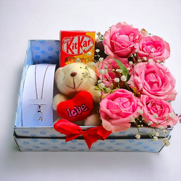 Beautiful Necklace With Teddy, Kitkat & Roses Combo For Her - Flowers to Nepal - FTN