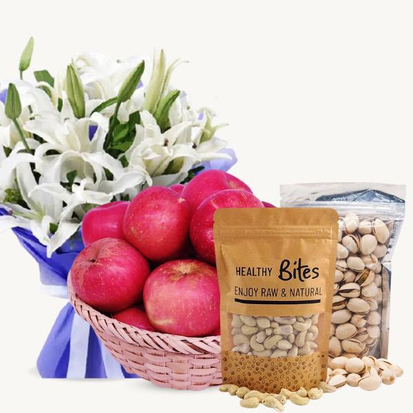 Beautiful White Lilies Bunch With Almonds & Pista Pouch - Flowers to Nepal - FTN