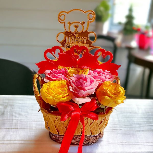 Birthday Gifts With Mix Roses In Basket - Flowers to Nepal - FTN