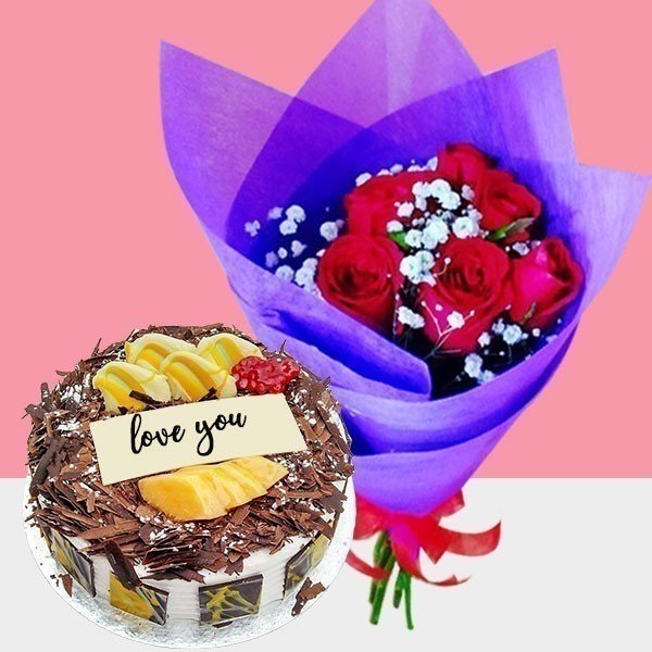 Black Forest Cake & 6 Red Roses Bouquet Combo - Flowers to Nepal - FTN