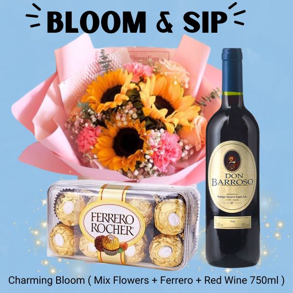 Bloom and Sip ( Mix Flowers + Ferrero and Red Wine 750ml ) - Flowers to Nepal - FTN