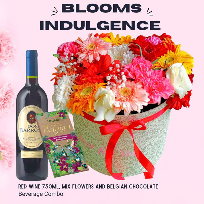 Blooms Indulgence ( Red Wine 750ml, Mix-flowers and Belgian Chocolate ) - Flowers to Nepal - FTN