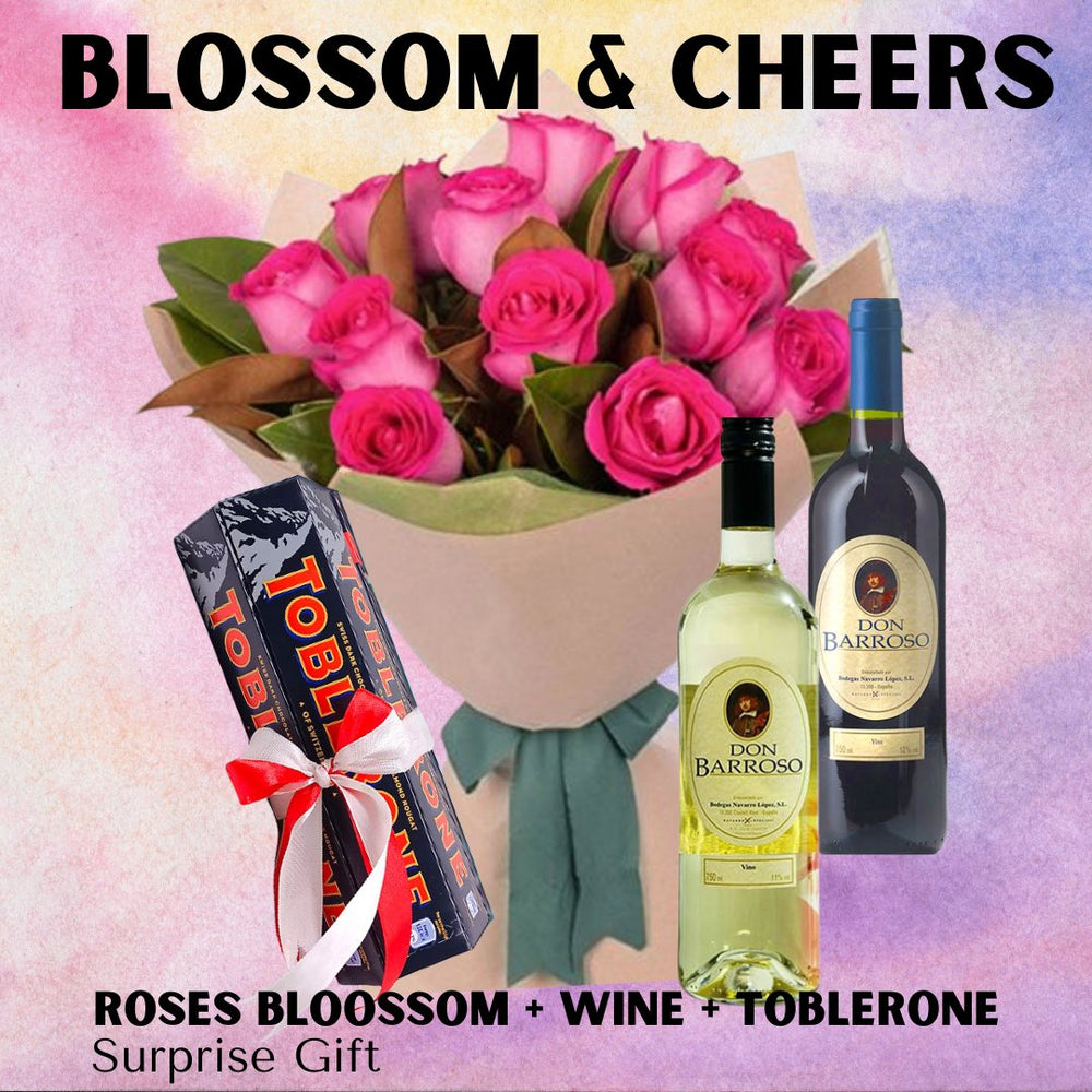 Blossom and Cheers (One Dozen Roses Bunch + Wine +Toblerone Surprise Gift) - Flowers to Nepal - FTN