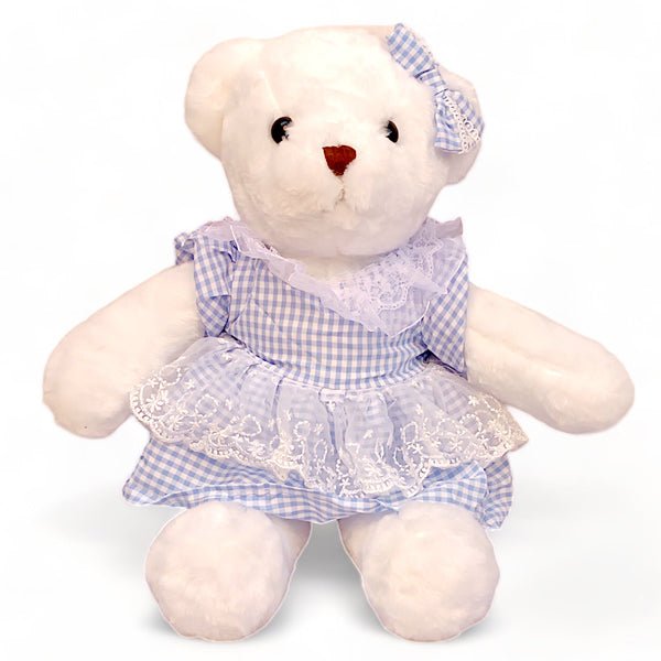 Blue Frocked White Teddy Bear - 20 - Flowers to Nepal - FTN