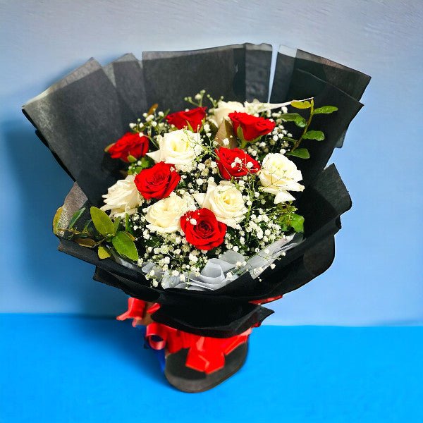 Bouquet of Twelve Red and White Roses Blend - Flowers to Nepal - FTN