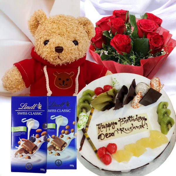Brown Teddy Bear With Rose, Chocolates & Yummy Cake - Flowers to Nepal - FTN
