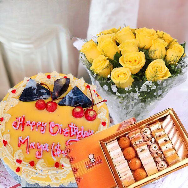 Butterscotch Cake With Mithai And Roses Bouquet - Flowers to Nepal - FTN