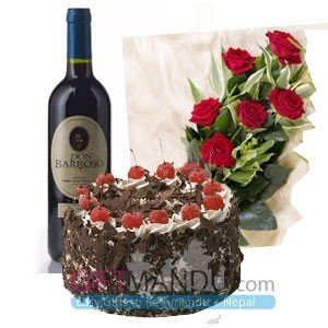 Cake 1kg, Sweet Wine And Rose Flowers - Flowers to Nepal - FTN