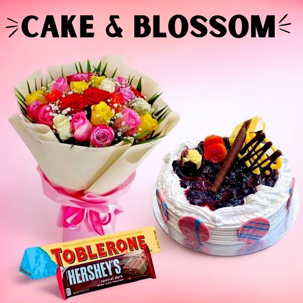 Cake & Blossoms Combo ( Mix Roses Bunch, Sweet and Blueberry Cheese Cake 1lb ) - Flowers to Nepal - FTN