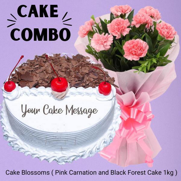 Cake & Blossoms ( Half Dozen Pink Carnation and Black Forest Cake 1Kg ) - Flowers to Nepal - FTN