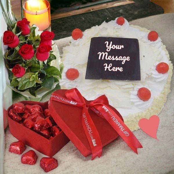 Cake, Gourmet Chocolates Heart Box And Roses Bunch Combo - Flowers to Nepal - FTN