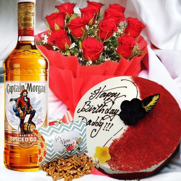 Captain Morgan Combo With Cake, Dry Nuts & Roses - Flowers to Nepal - FTN