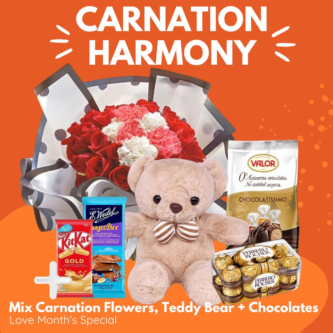 Carnation Combo ( Teddy Bear, Chocolates , Roses and Carnation Mix Flowers Bouquet ) - Flowers to Nepal - FTN