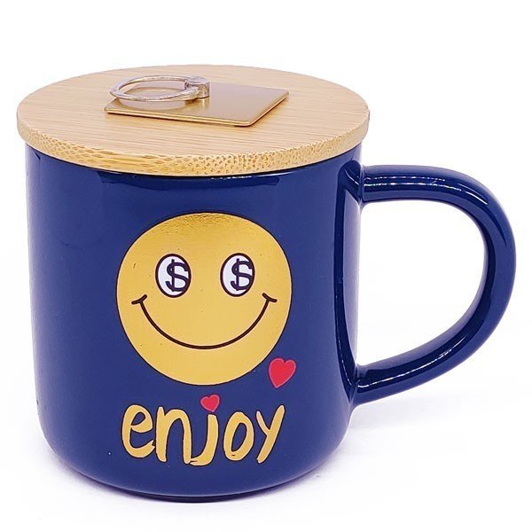 Ceramic Mug with Wooden Lid Featuring 'Enjoy Emoji' Print - Flowers to Nepal - FTN