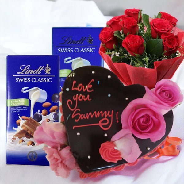 Chocolate Cake, Roses Bunch With Lindt Swiss Chocolates - Flowers to Nepal - FTN